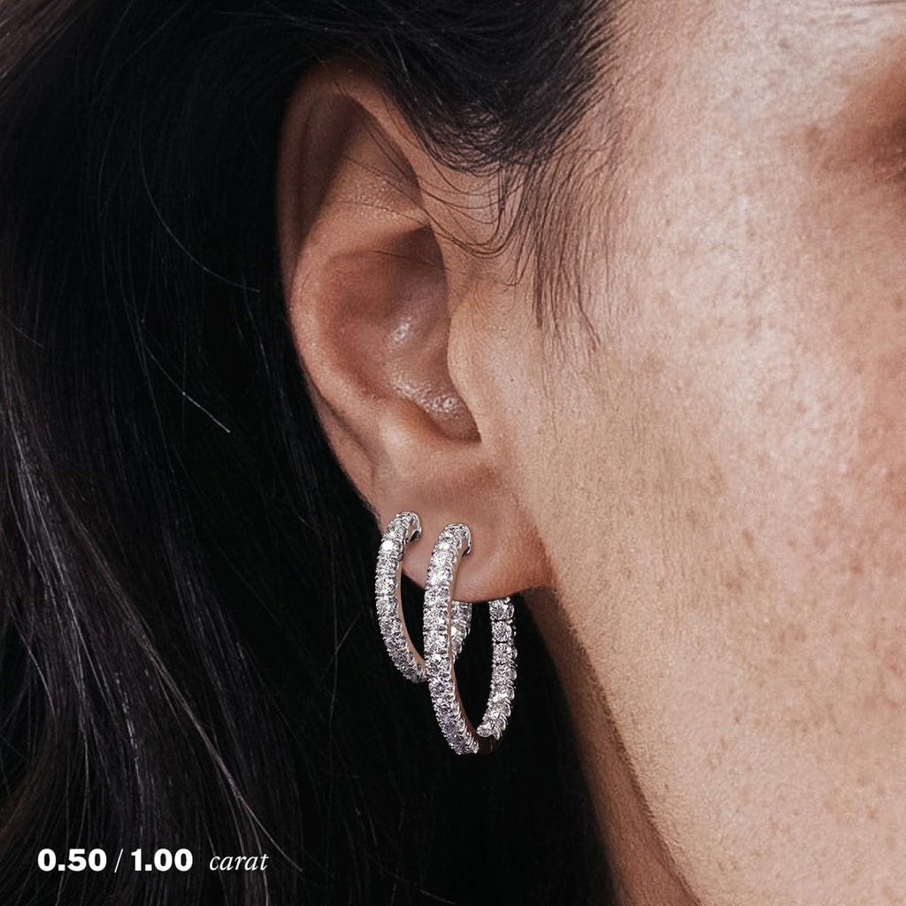 14K White Gold Round Diamond Hoop Earrings On Ear