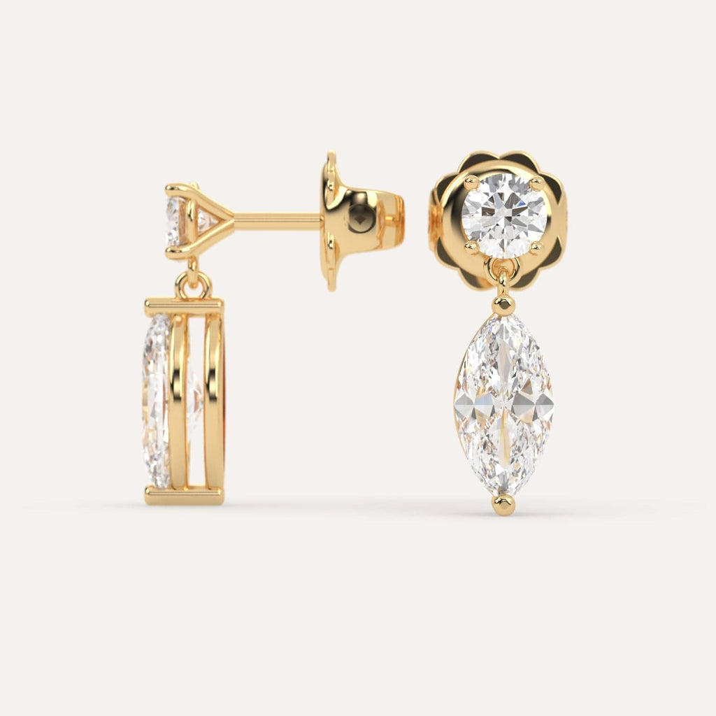 2 carat marquise Diamond Dangle Drop Earrings in yellow Gold