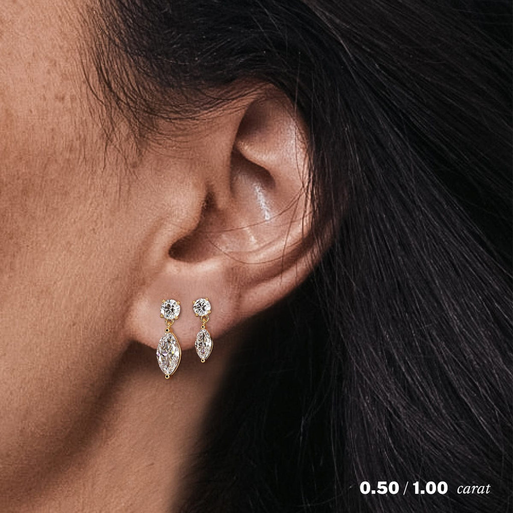 14K Yellow Gold Marquise Diamond Drop Earrings On Ear Model
