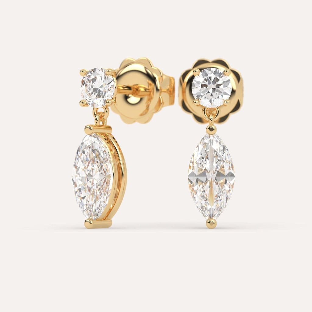 2 carat Marquise Natural Diamond Drop Earrings in Yellow Gold