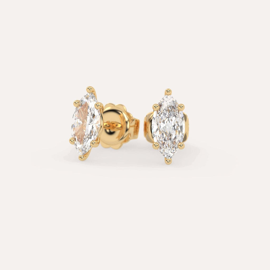 2 carat Marquise Diamond Stud Earrings, Natural Diamonds Yellow Gold