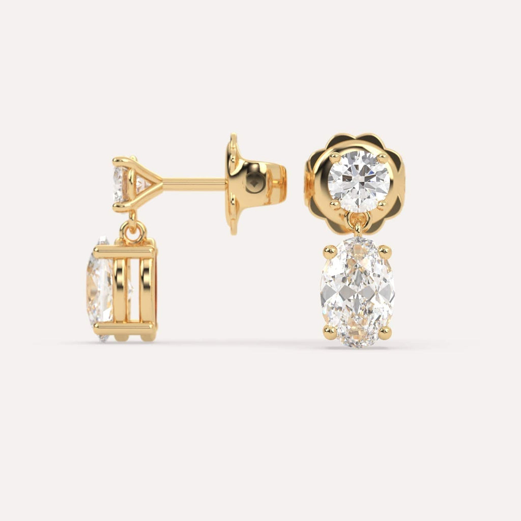 2 carat oval Diamond Dangle Drop Earrings in yellow Gold