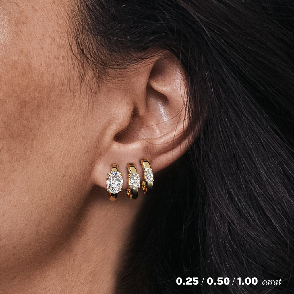14K Yellow Gold Oval Diamond Hoop Earrings