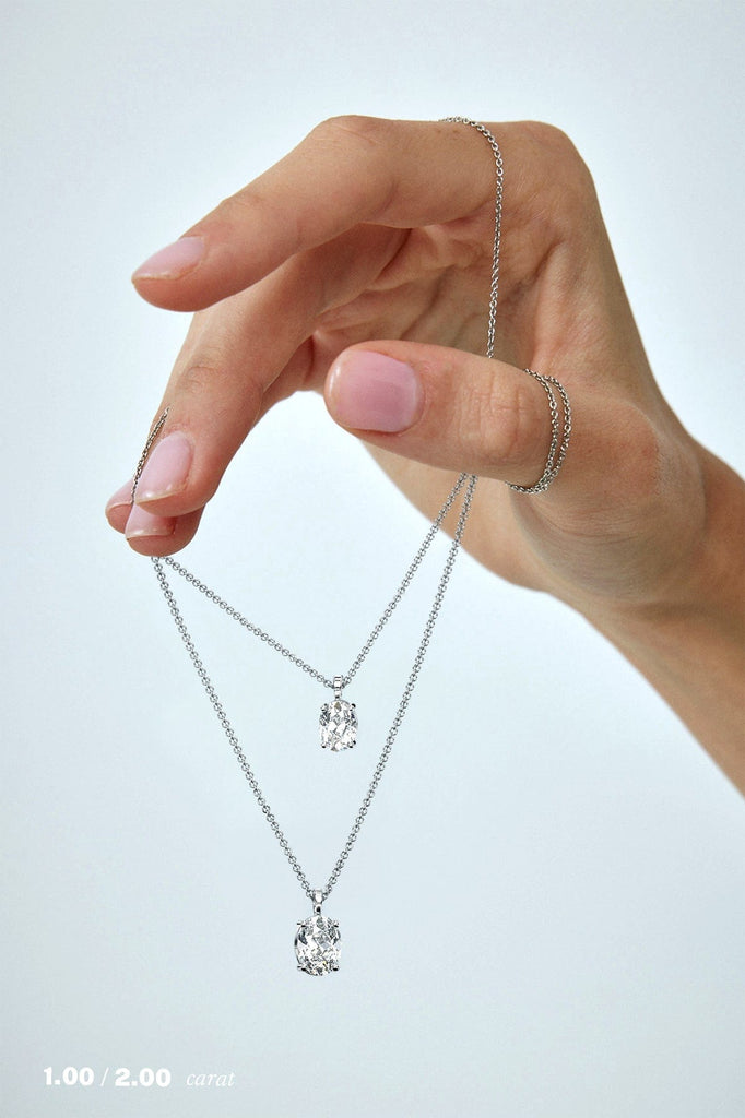 Oval Solitaire Diamond Necklace on Model in 14K Yellow Gold