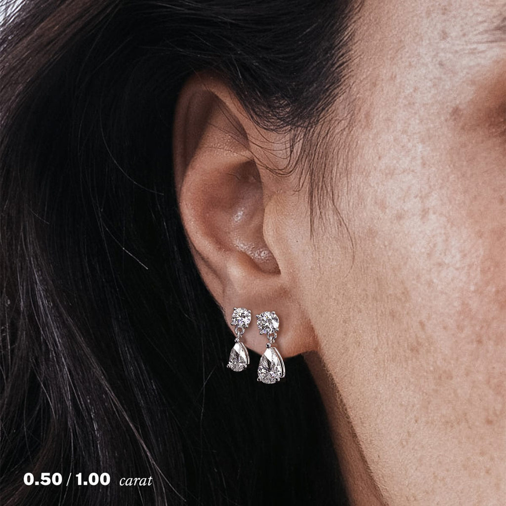 14K White Gold Pear Diamond Drop Earrings On Ear Model