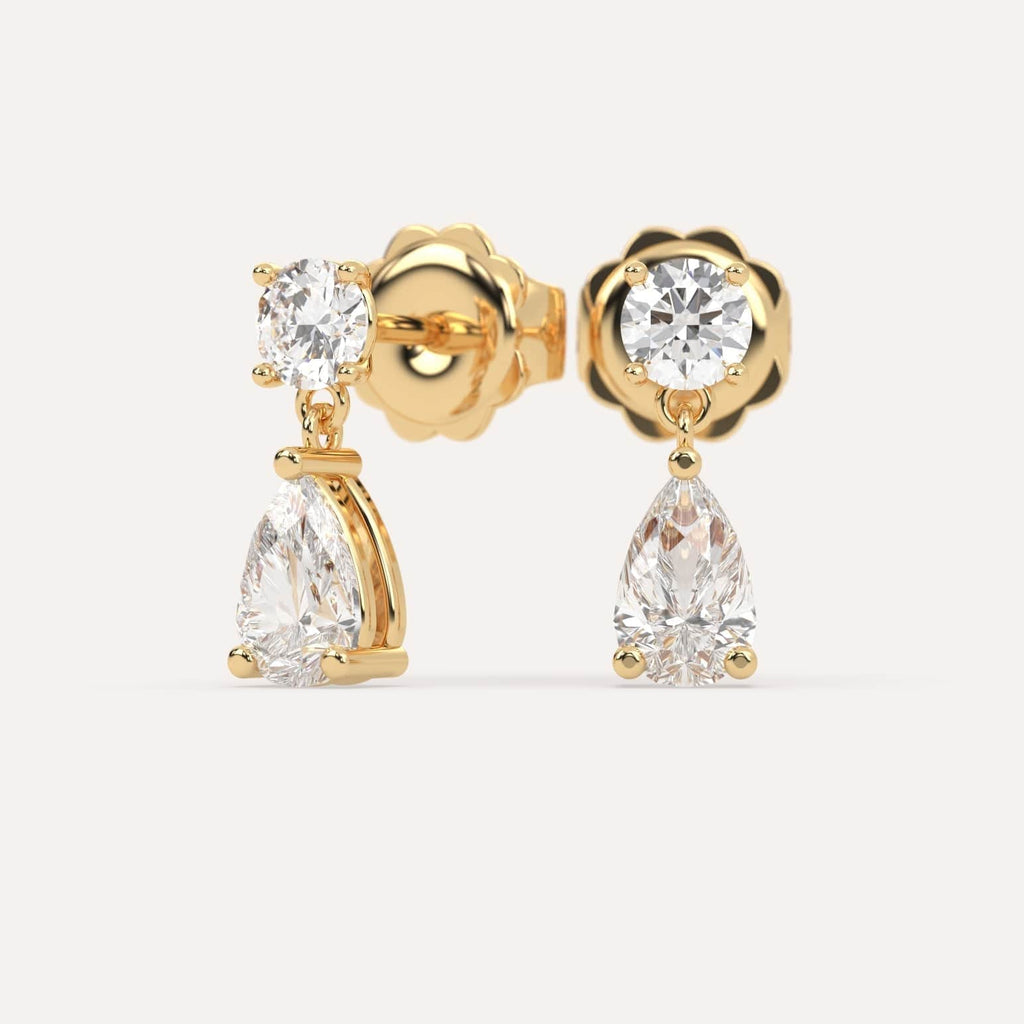 2 carat Pear Natural Diamond Drop Earrings in Yellow Gold