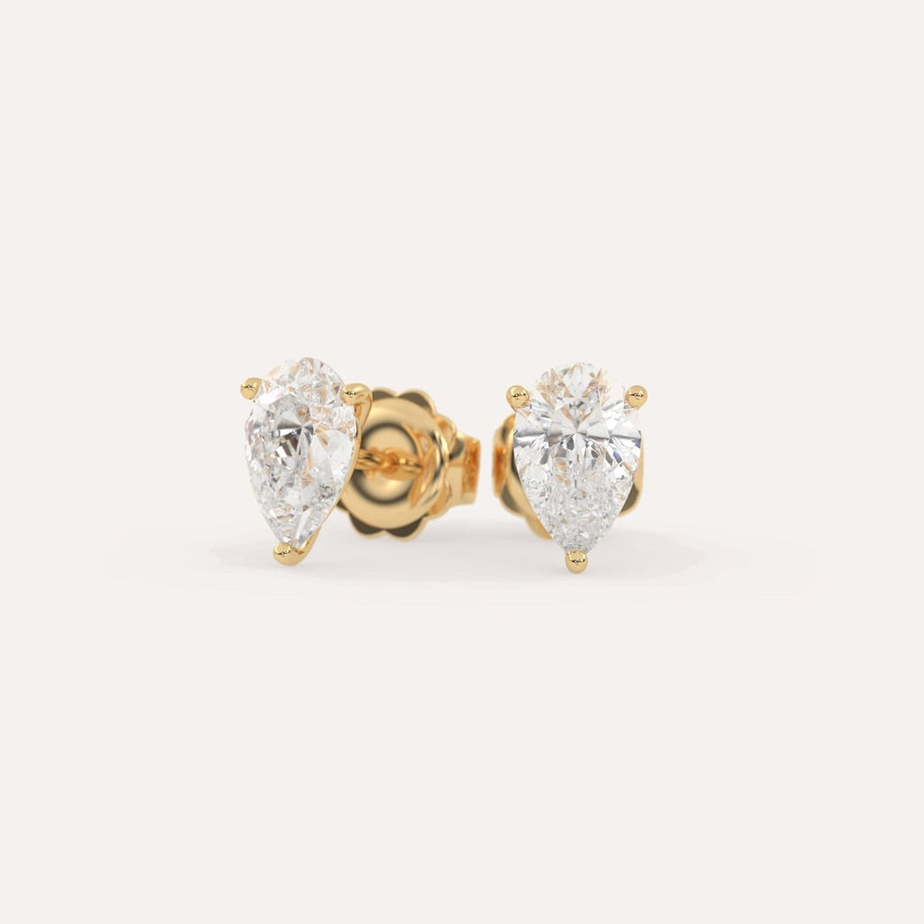 2 carat Pear Diamond Stud Earrings, Lab Diamonds Yellow Gold