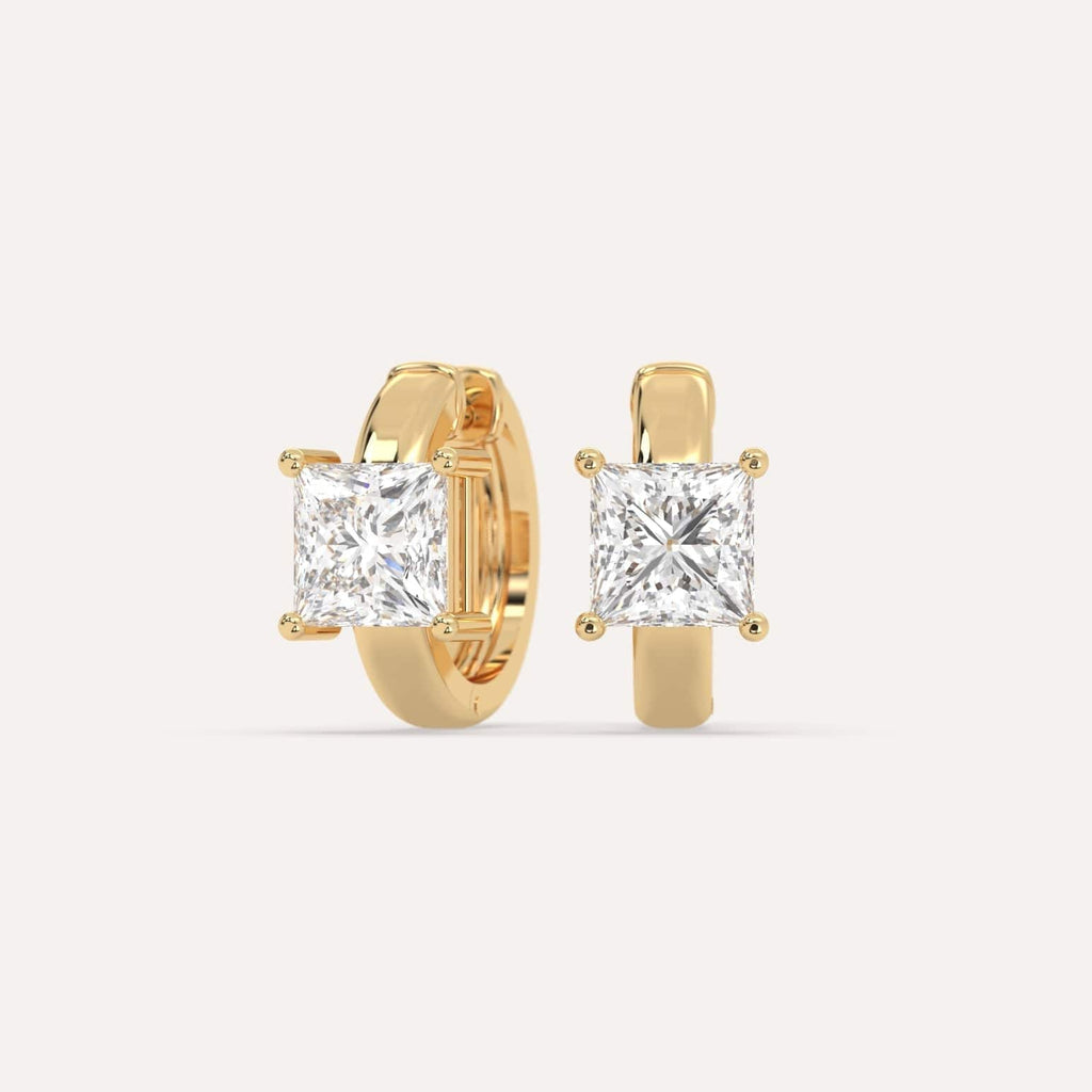2 carat Princess Natural Diamond Hoop Earrings in Yellow Gold