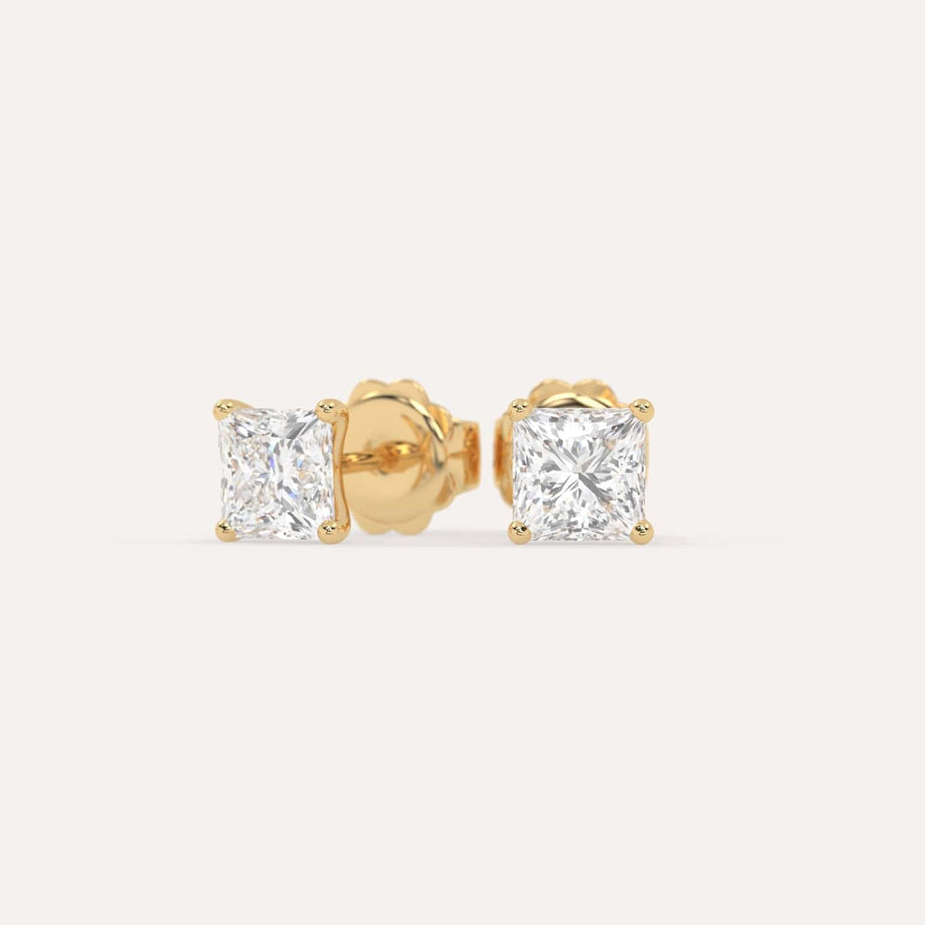 2 carat Princess Diamond Stud Earrings, Natural Diamonds Yellow Gold