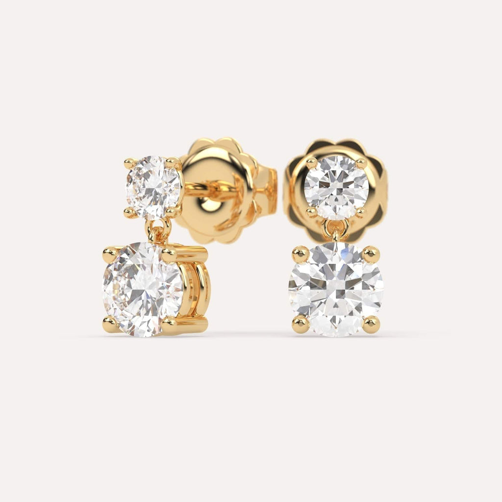 2 carat Round Natural Diamond Drop Earrings in Yellow Gold