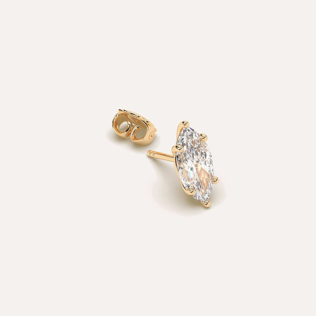 2 carat Single Marquise Diamond Stud Earring, Natural Diamonds Yellow Gold