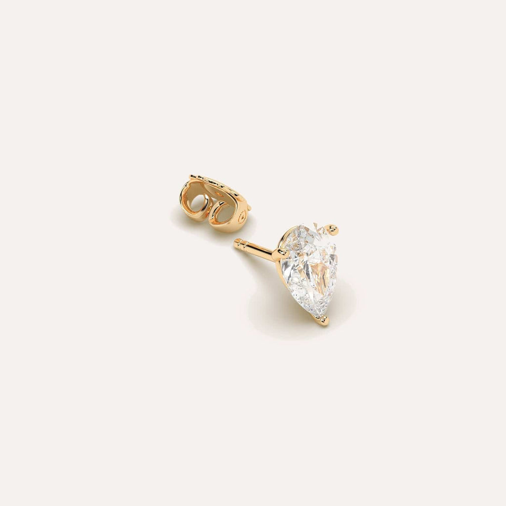 2 carat Single Pear Diamond Stud Earring, Natural Diamonds Yellow Gold