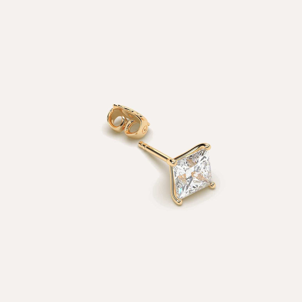 2 carat Single Princess Diamond Stud Earring, Natural Diamonds Yellow Gold