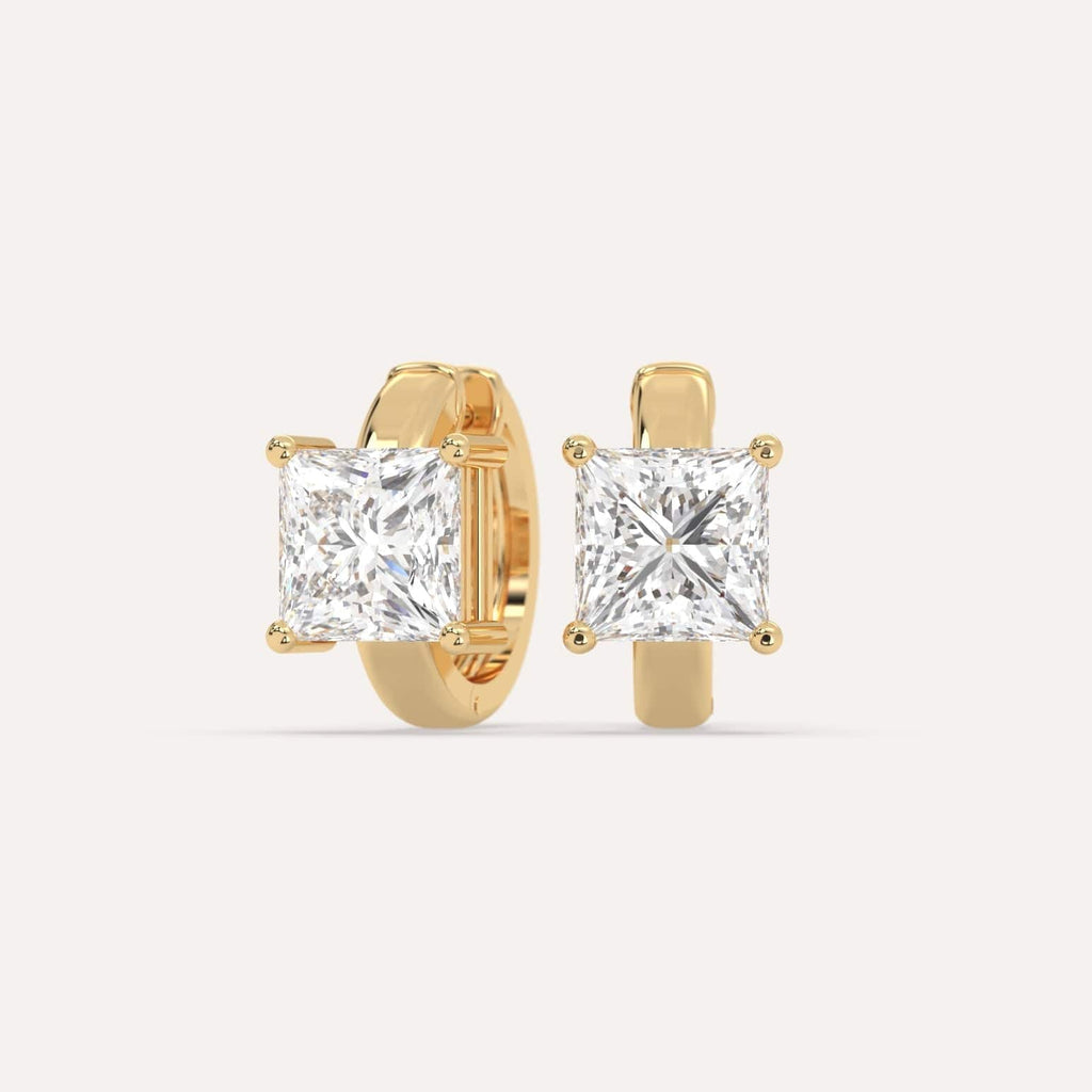 3 carat Princess Lab Diamond Hoop Earrings in Yellow Gold