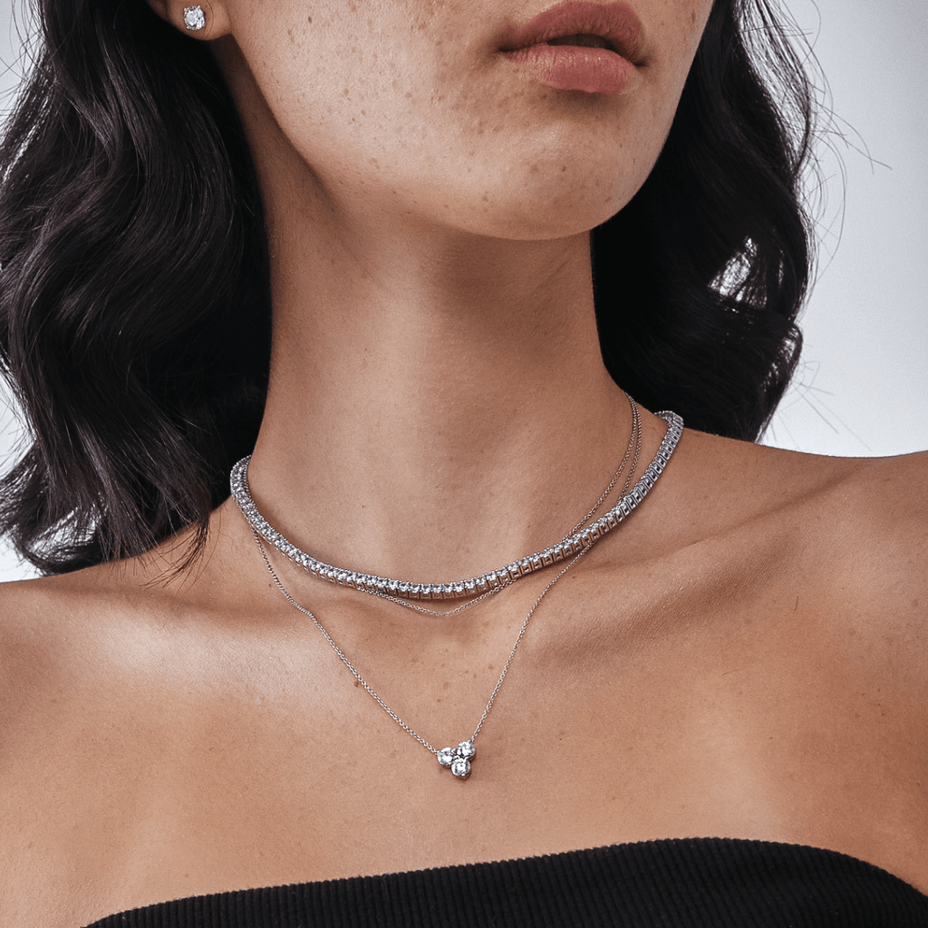 3 Diamond Cluster Necklace Pendant on a Model