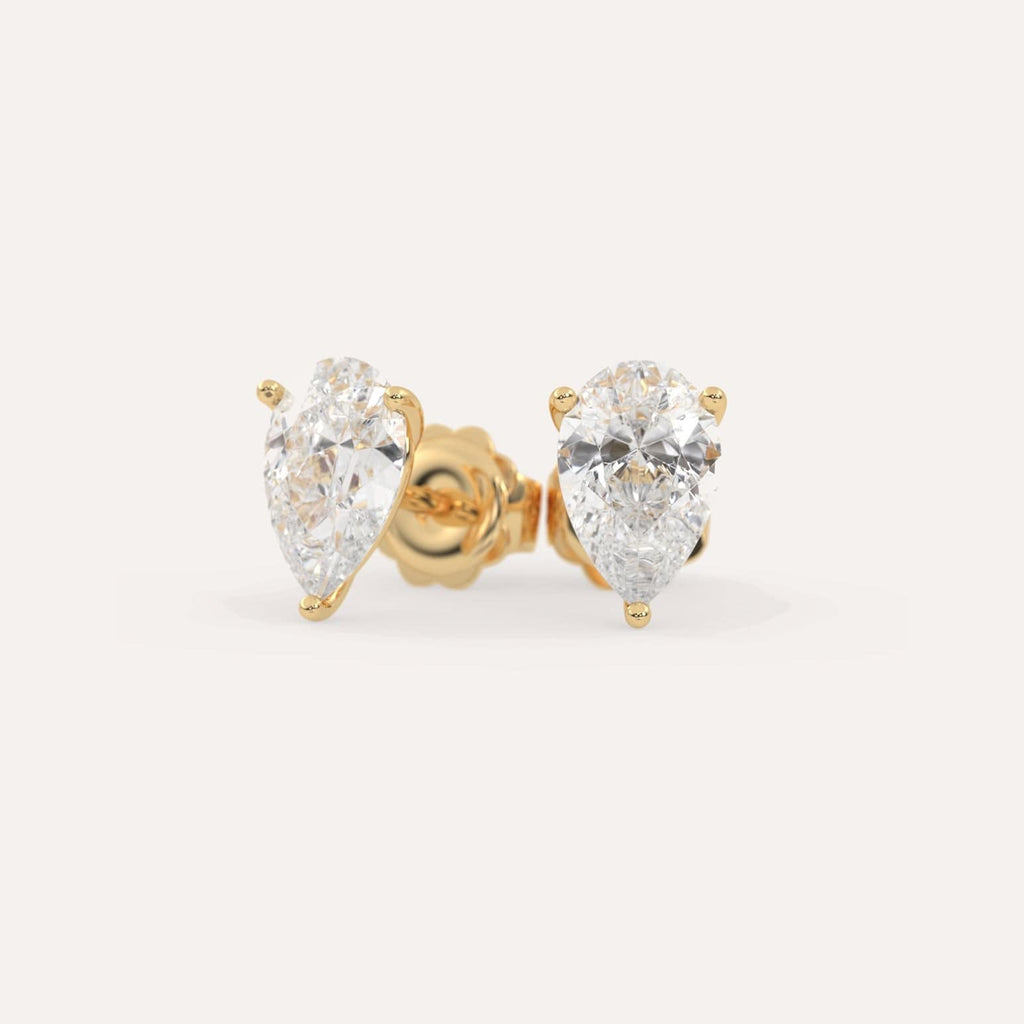 4 carat Pear Diamond Stud Earrings, Lab Diamonds Yellow Gold