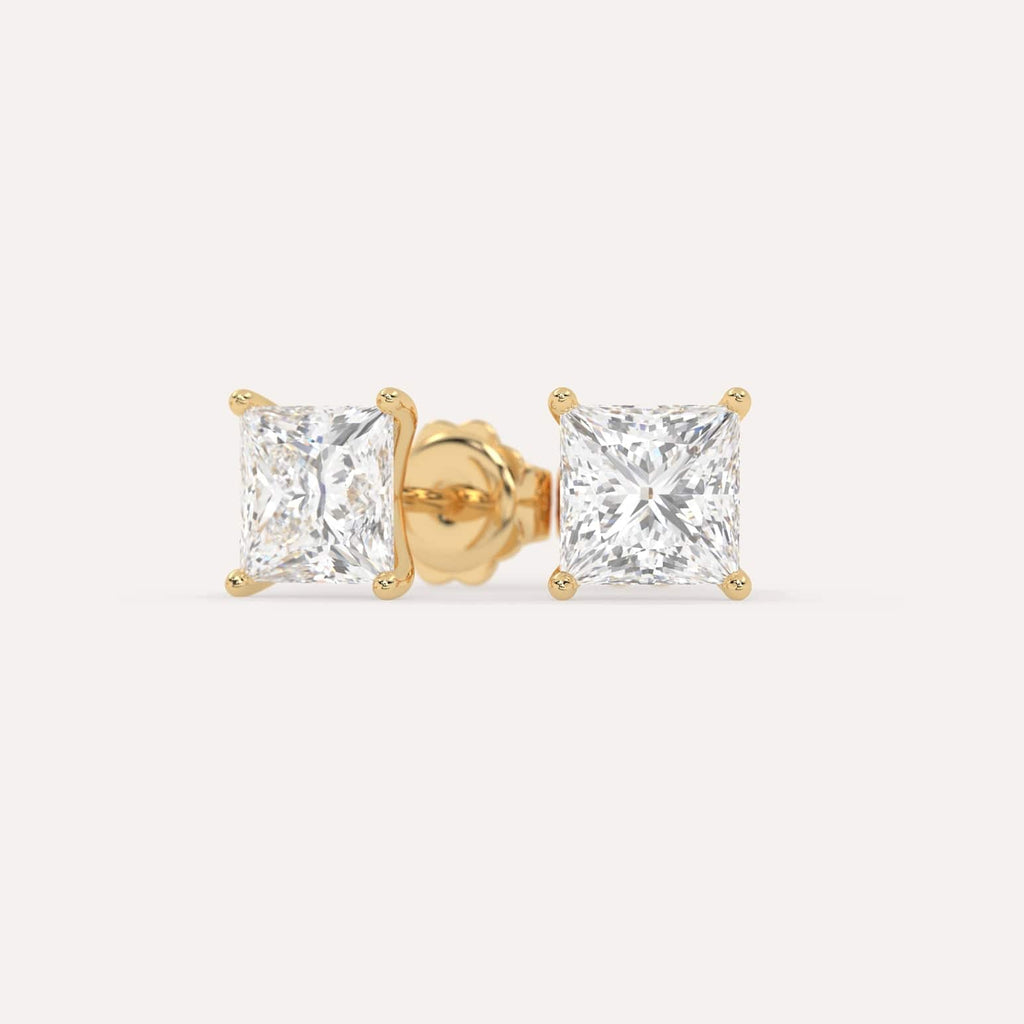 4 carat Princess Diamond Stud Earrings, Natural Diamonds Yellow Gold