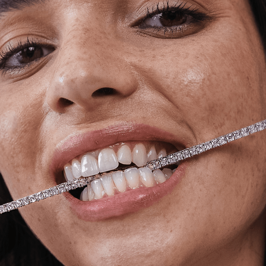 Five Carat Diamonds in Gold Tennis Necklace Close Up