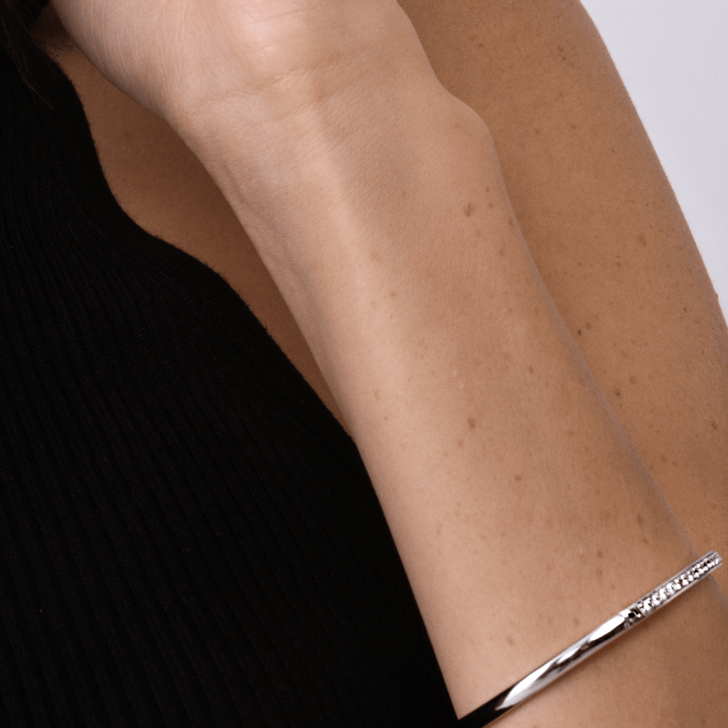 Natural Diamond Bracelet Bangle on Model Wrist Close Up Side View