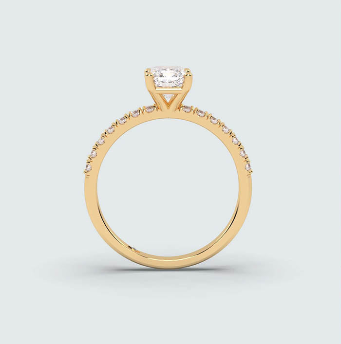 Profile of yellow gold cushion cut engagement ring