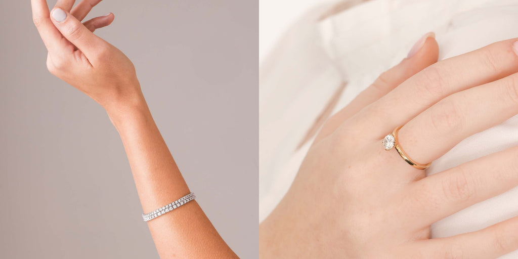 Fine jewelry close up of tennis bracelet and engagement ring