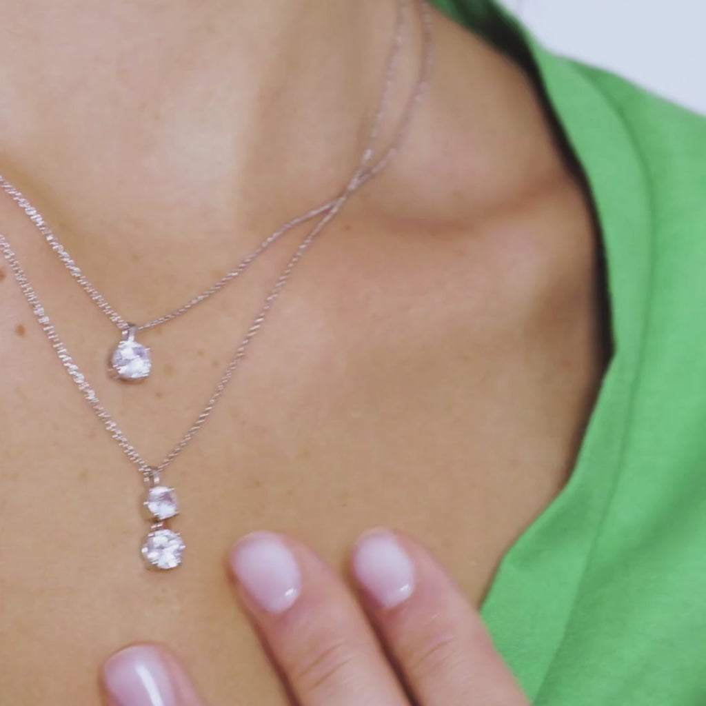Single and Duo Diamond Pendant Necklaces on Female Neck