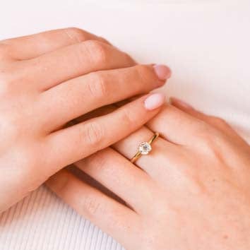Round cut solitaire diamond ring on hand