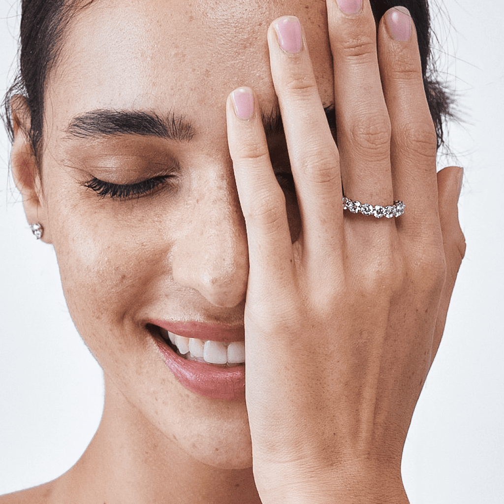 Semi Eternity Ring with Round Diamonds on Hand