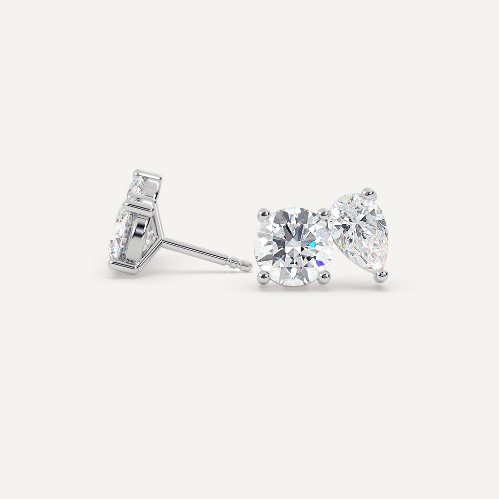 Two Diamond Studs White Gold Front and Side View