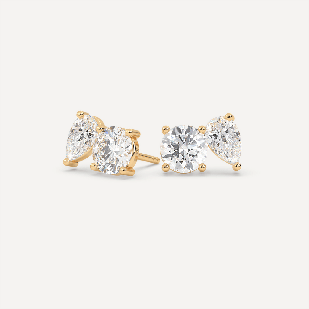 Yellow Gold Pear Round 2-Stone Toi Et Moi Diamond Stud Earrings