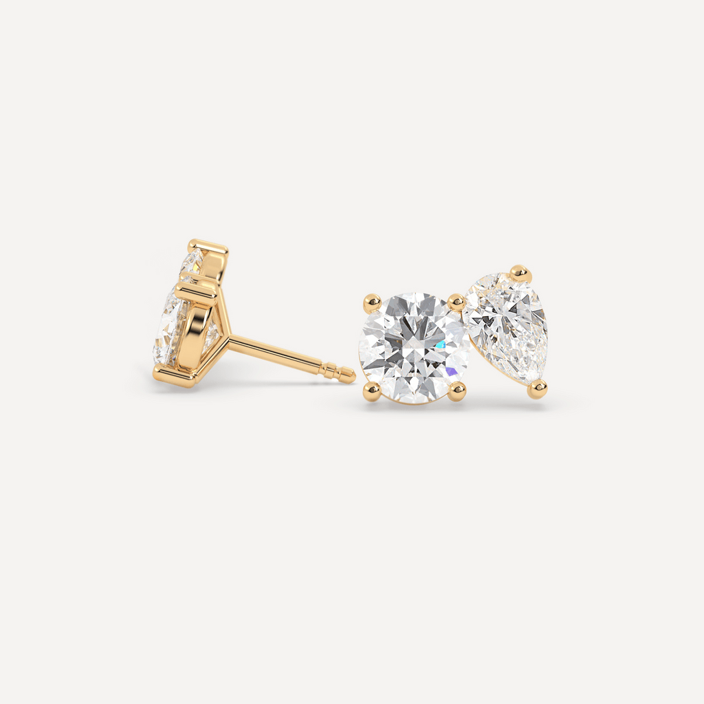 Yellow Gold 2-Diamond Toi et Moi Studs Front and Side View