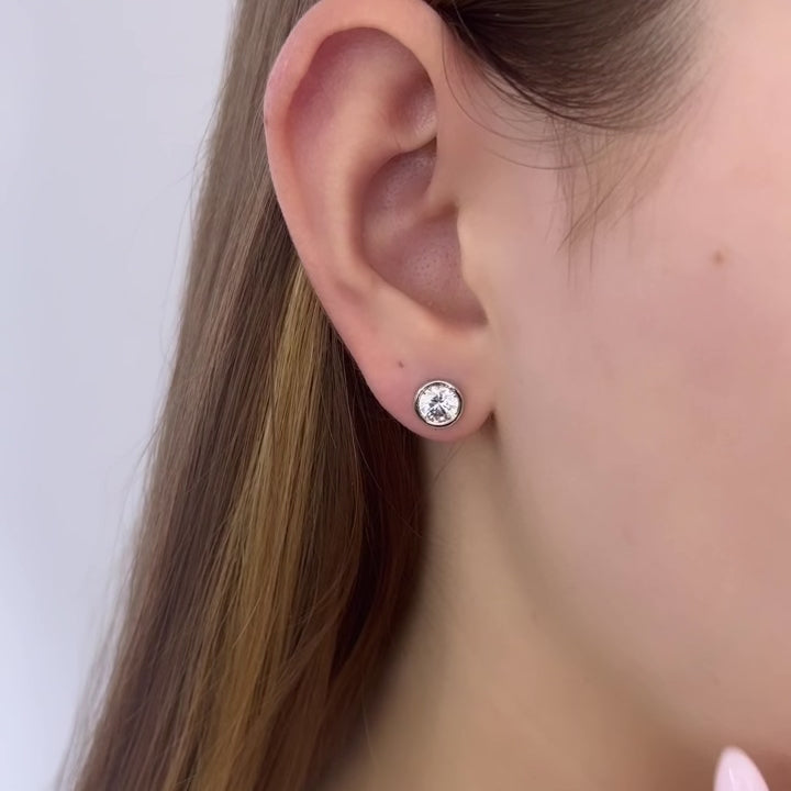 1 carat Bezel Diamond Stud Earrings On Ear