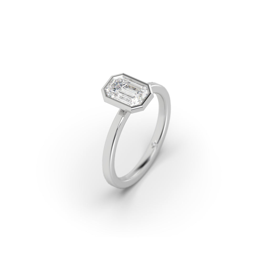 Bezel Set Emerald Cut Lab Created Diamond Engagement Ring