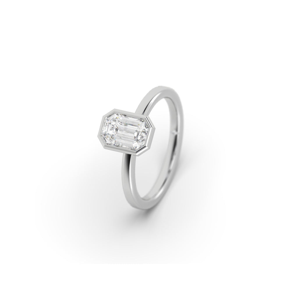 Bezel Set Emerald Cut Lab Created Diamond Engagement Ring