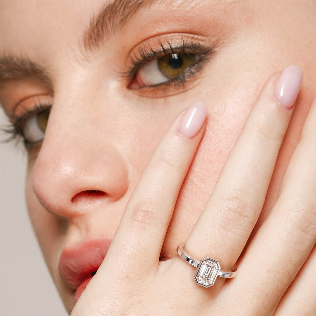 Engagement Bezel Set Emerald Cut Lab Created Diamond Engagement Ring