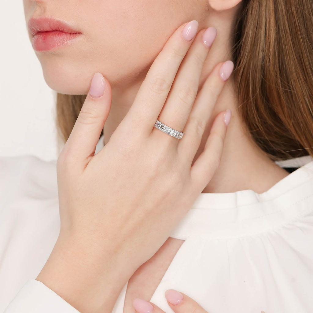 Emerald Cut Lab Created Diamond Semi Eternity Wide Band Ring